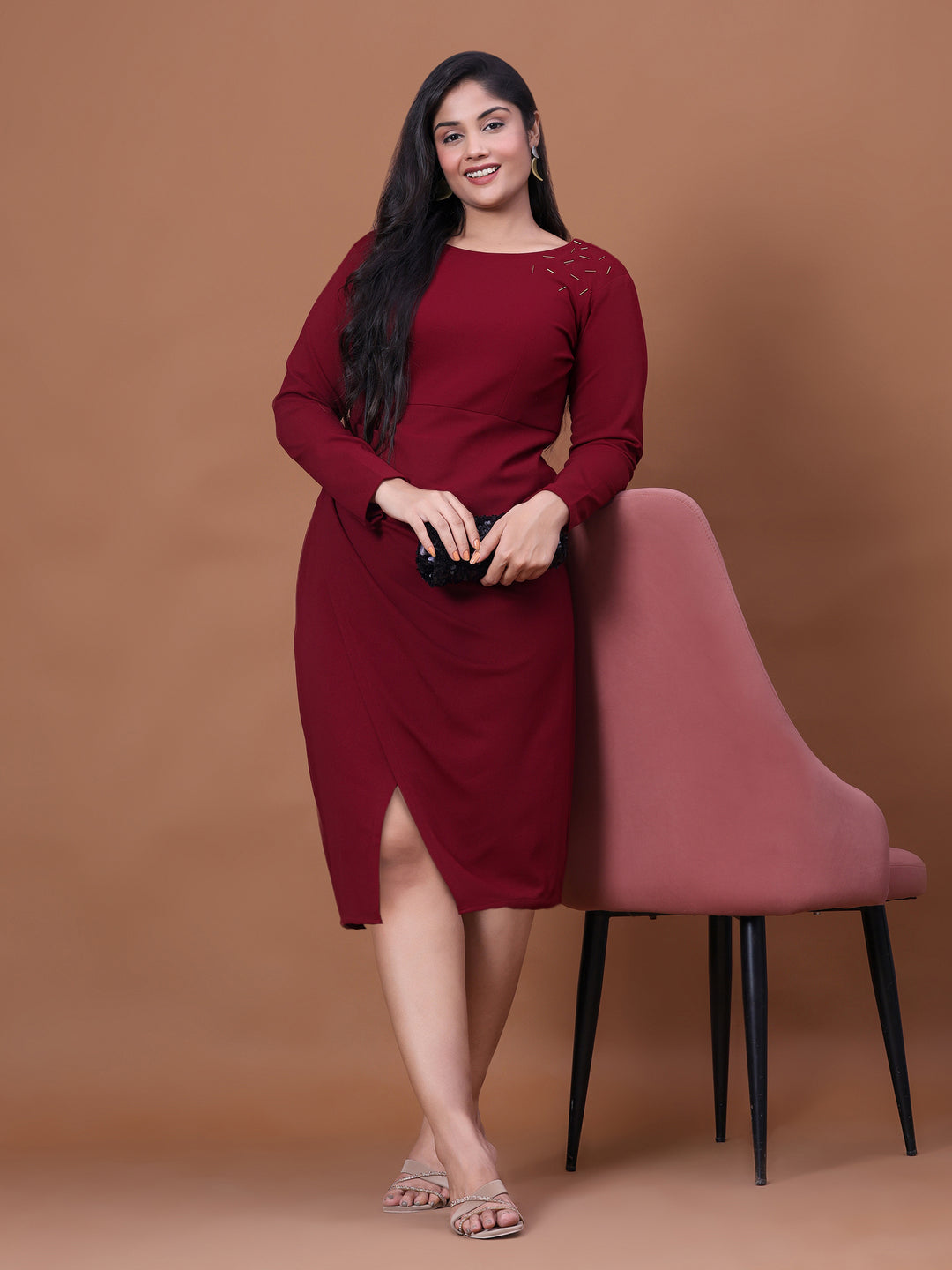 Maroon Round Neck Party Wear Dress For Women