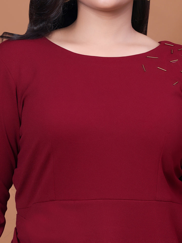 Maroon round neck party wear dress women