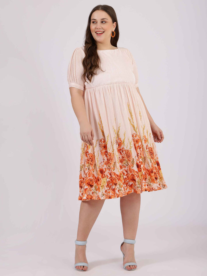 Peach Floral Print Fit and Flare Dress