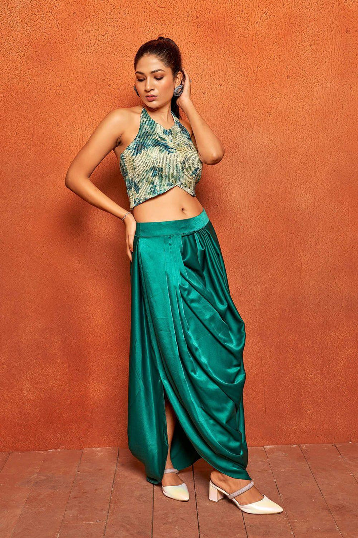 Turquoise Blue Sequin Crop Top & Drape Skirt Ensemble - Curvy Lane