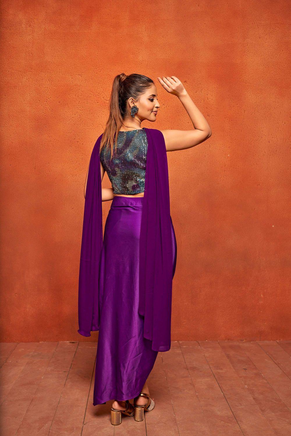 Purple Geometric Print Dhoti Skirt Crop Top Dupatta Co-ord Set - Curvy Lane