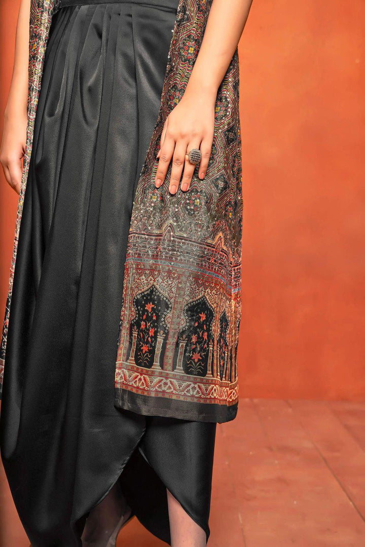 Rich Black Ethnic Print Dhoti Skirt Long Straight Shrug Co-ord Set - Curvy Lane