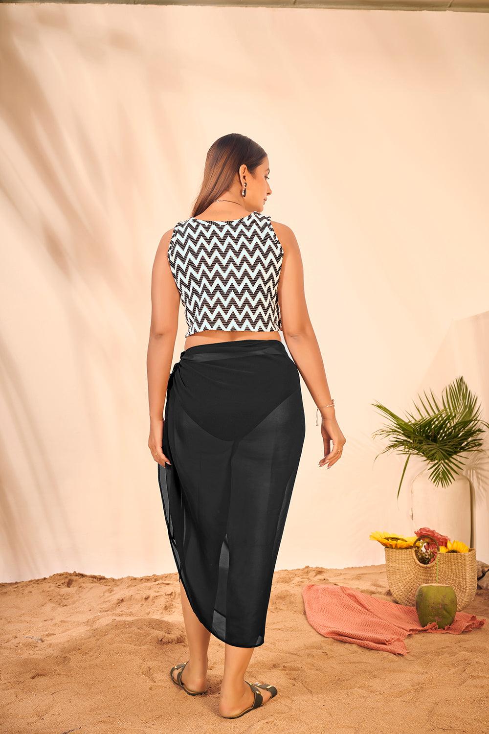 Zig Zag Pattern Crop Top with Swimwear Cover Up Sarong Set - Curvy Lane