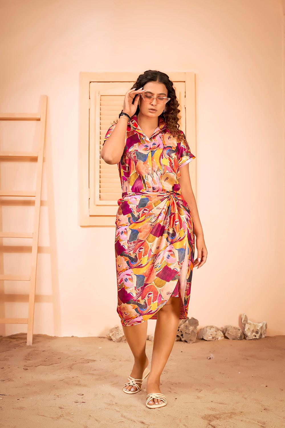 Abstract Printed Shirt Dress with Beach Wear Sarong Skirt Cover Up Set - Curvy Lane