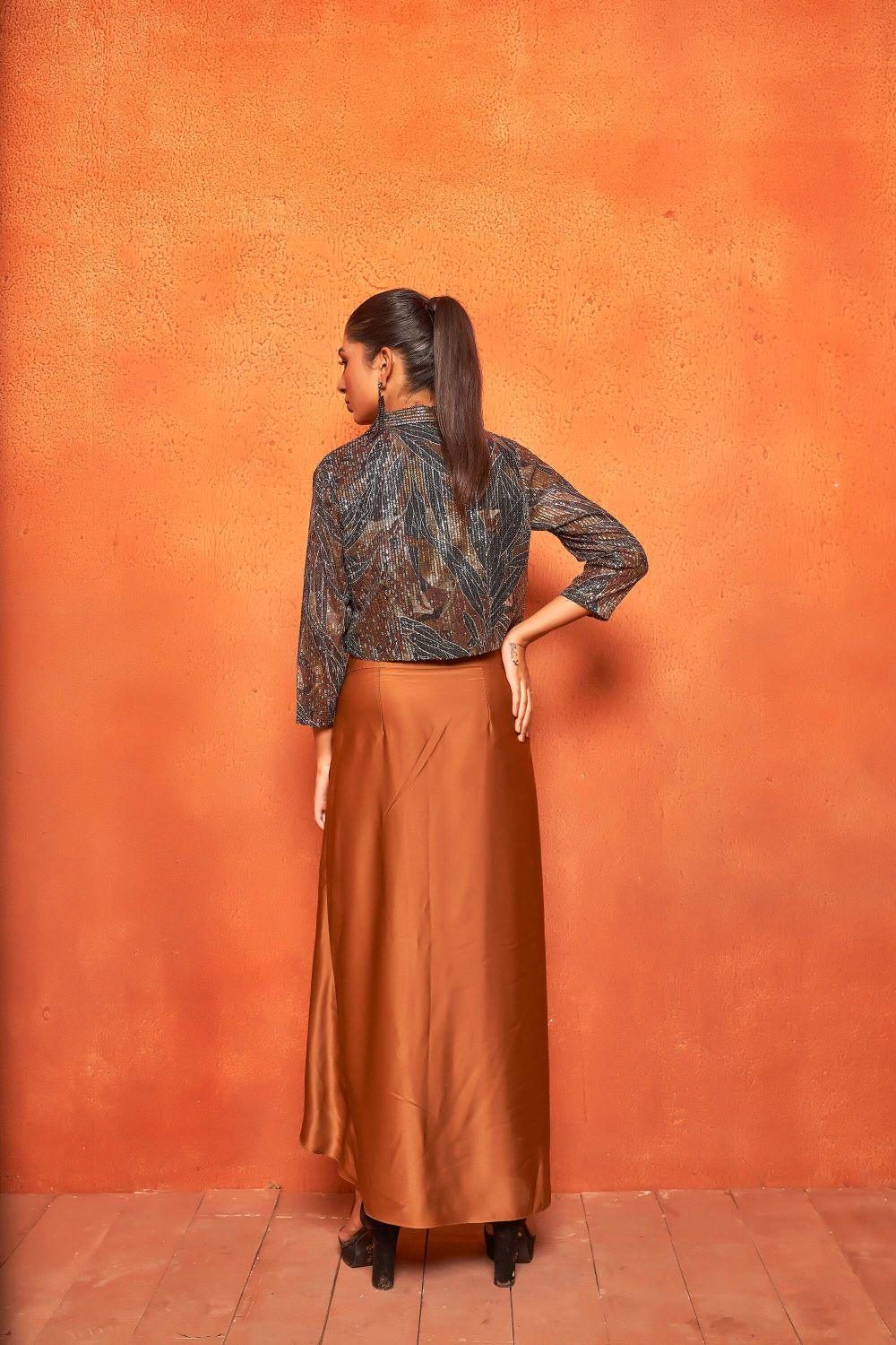 Camel Brown Leaf Print Dhoti Skirt Shrug Co-ord Set - Curvy Lane