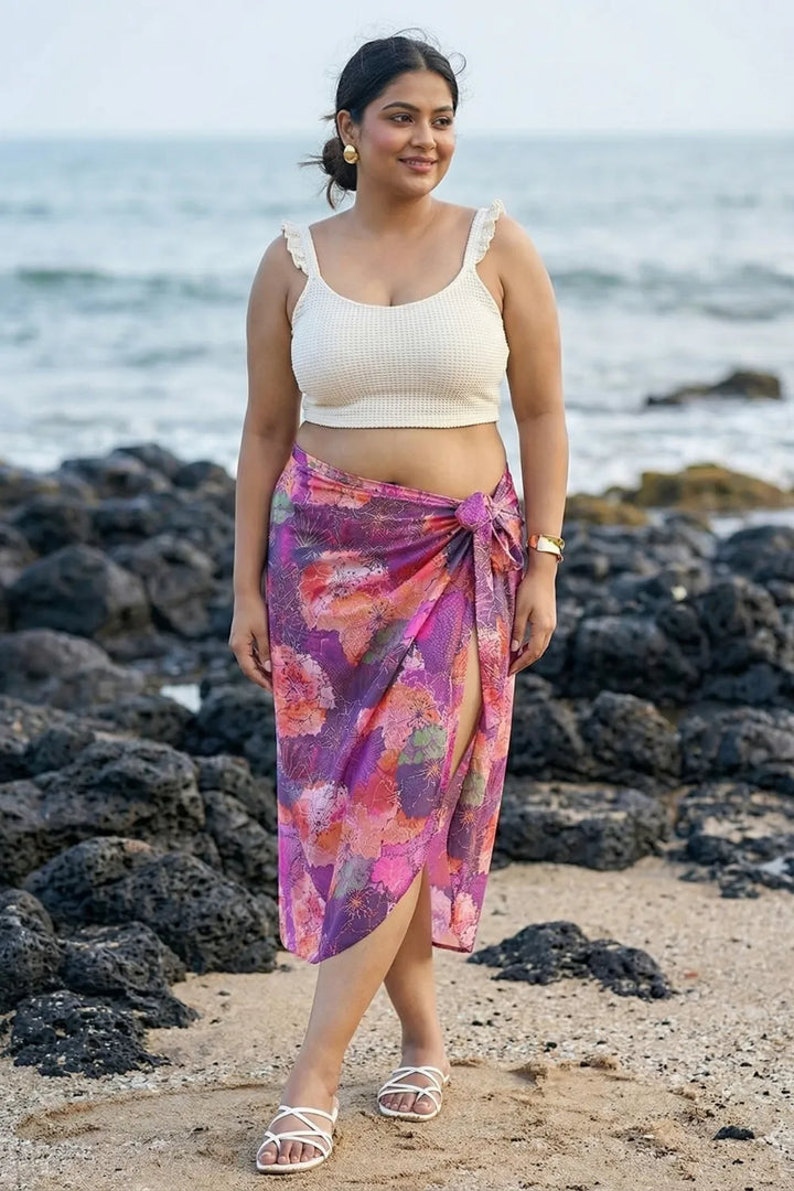 Floral pink sarong wrap skirt with an off-white crop top