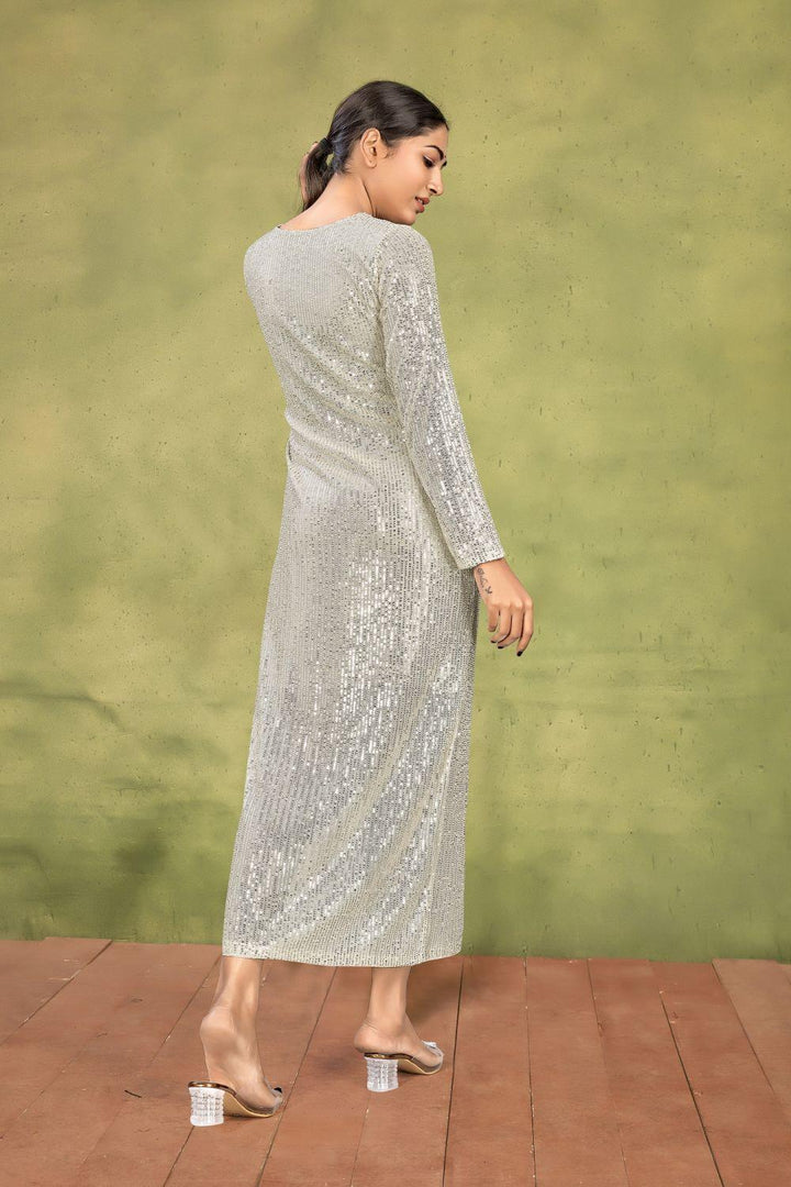 Pearl White Sequin Maxi Dress | V-Neck Long Sleeve Glamour - Curvy Lane