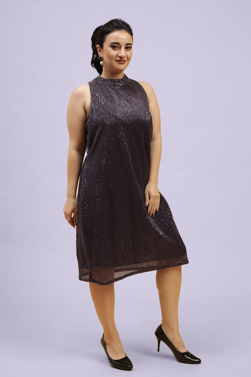 High Neck Embellished Sequined A-line Midi Dress For Plus Size Women
