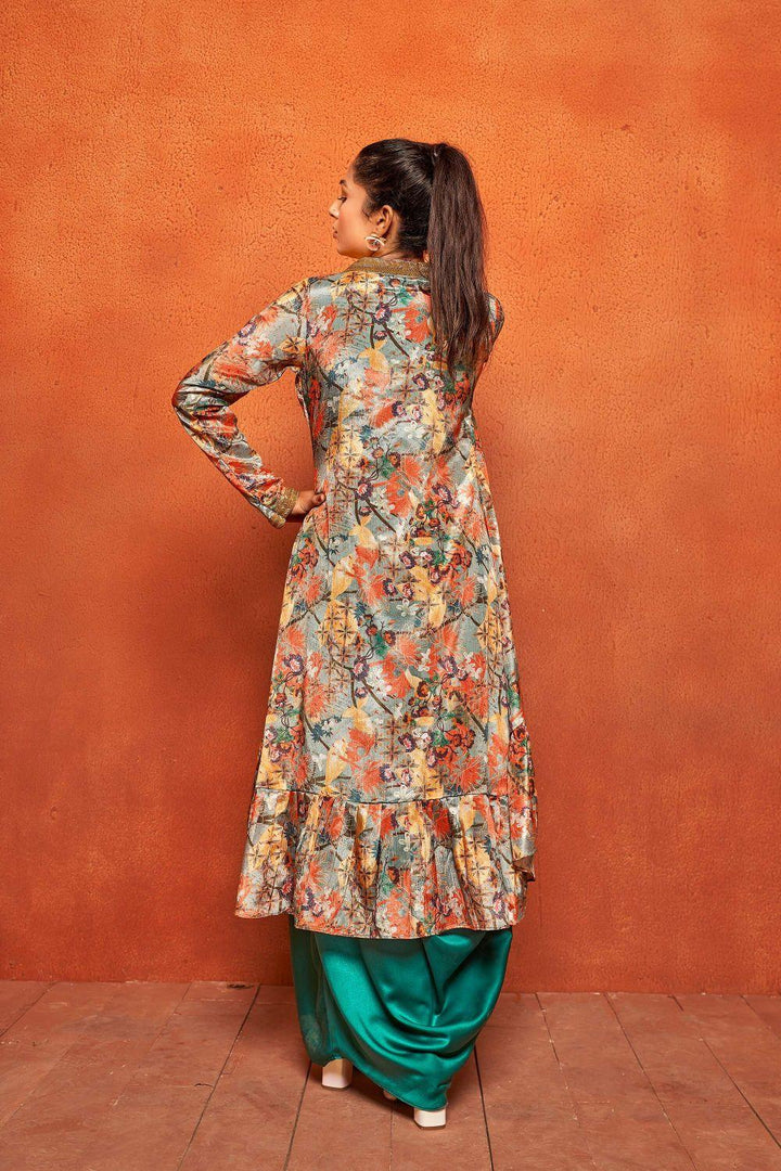 Teal Green Leaf Print Dhoti Skirt Long Flaired Shrug Co-ord Set - Curvy Lane