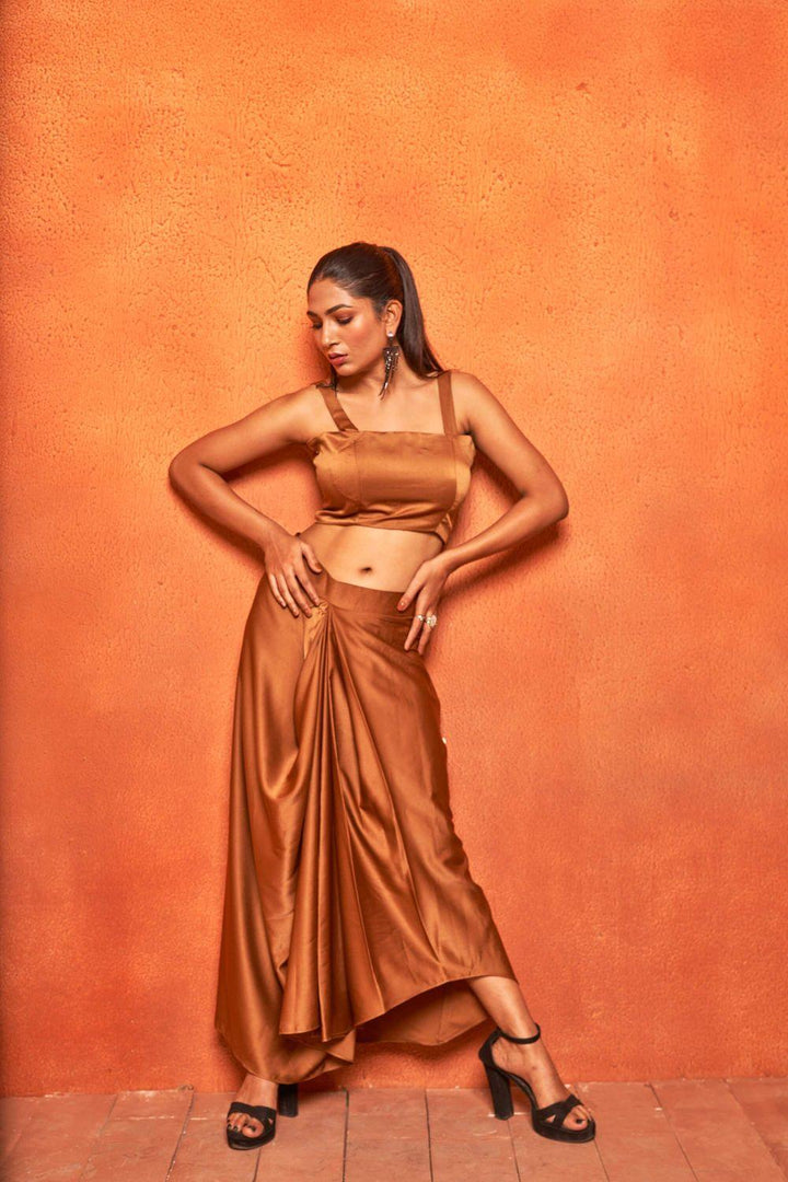 Camel Brown Leaf Print Dhoti Skirt Shrug Co-ord Set - Curvy Lane