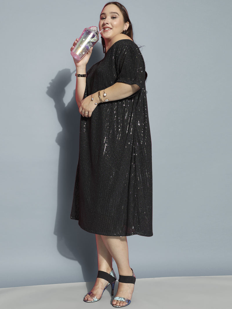 Black Boat Neck Sequins Dress with Slit Sleeves