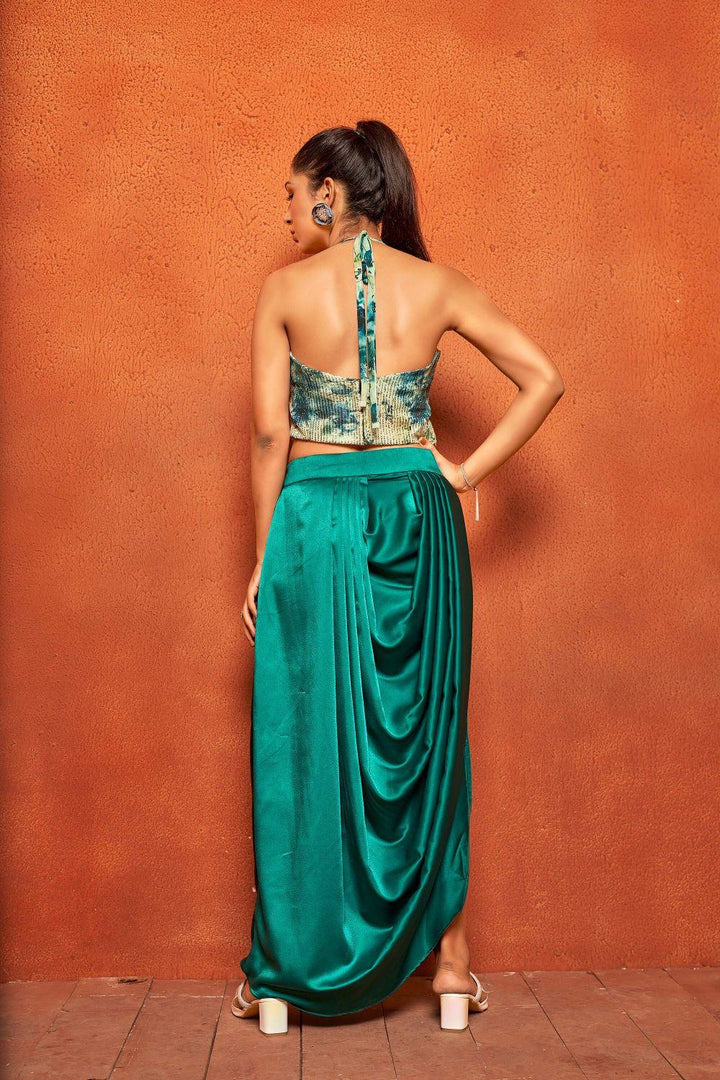 Turquoise Blue Sequin Crop Top & Drape Skirt Ensemble - Curvy Lane