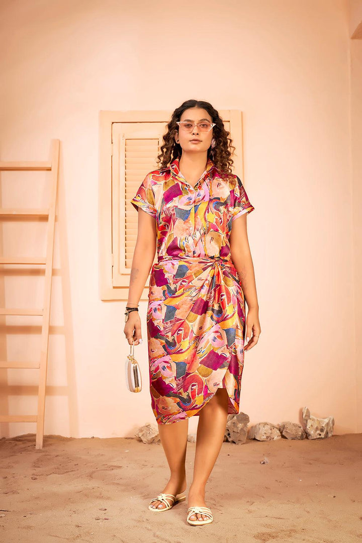 Abstract Printed Shirt Dress with Beach Wear Sarong Skirt Cover Up Set - Curvy Lane