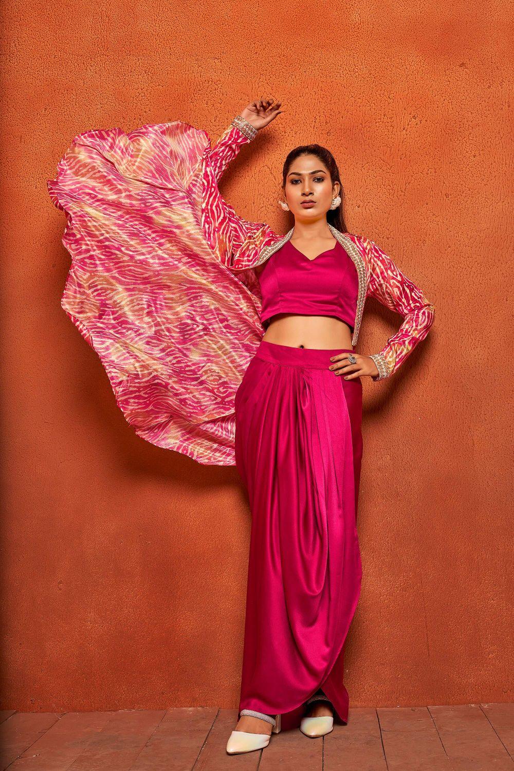 Jazzberry Pink Ethnic Print Dhoti Skirt Long Flared Shrug Co-ord Set - Curvy Lane