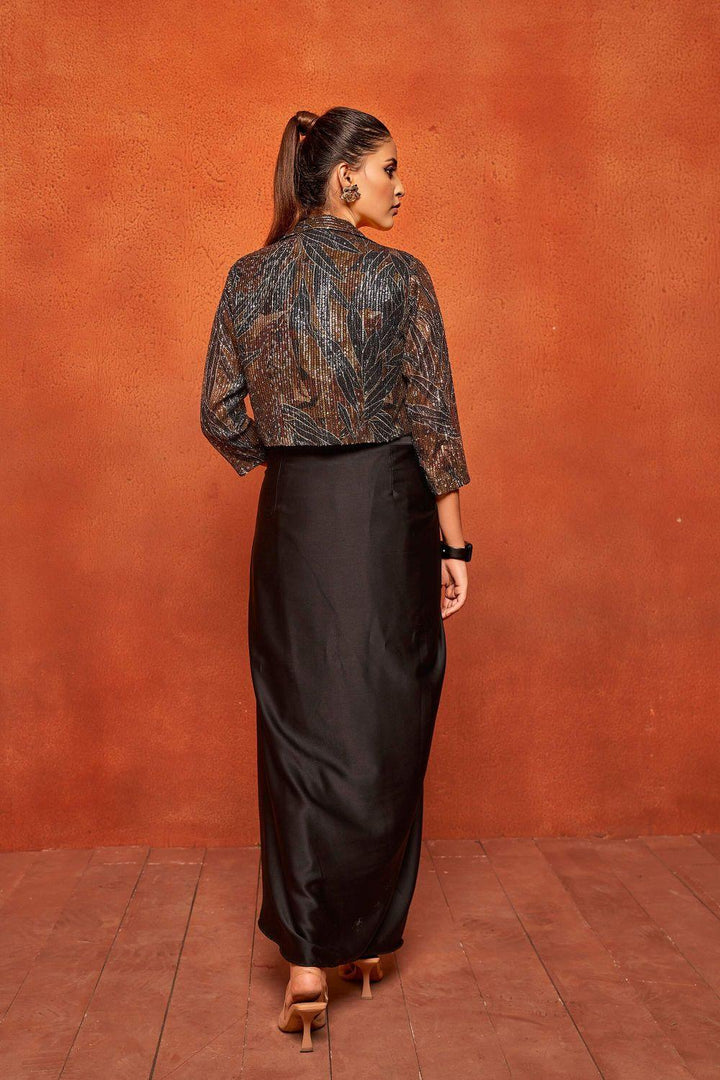 Black Leaf Print Dhoti Skirt Shrug Co-ord Set - Curvy Lane