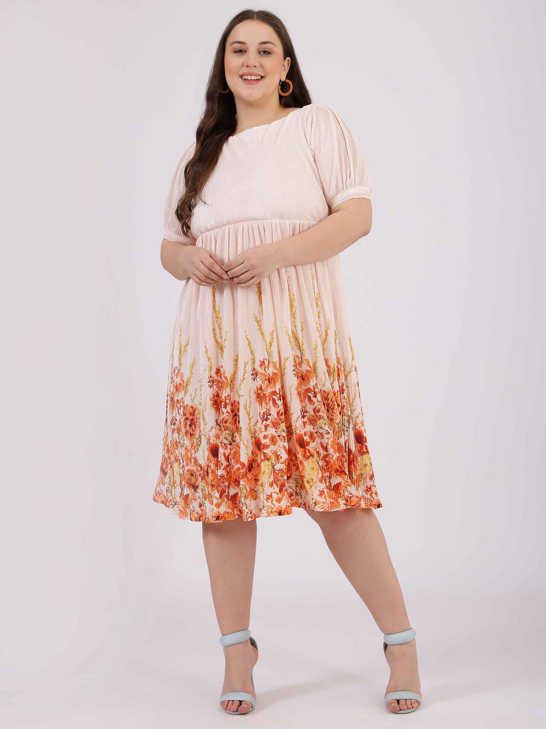 Peach Floral Print Fit and Flare Dress