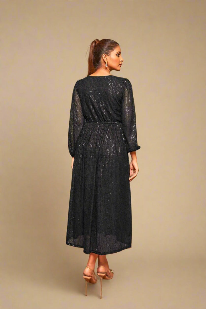 Rich Black Sequin Cocktail Dress | V-Neck Flared Elegance - Curvy Lane