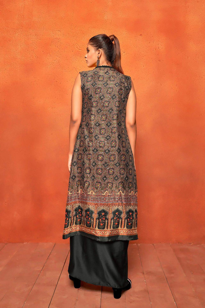 Rich Black Ethnic Print Dhoti Skirt Long Straight Shrug Co-ord Set - Curvy Lane