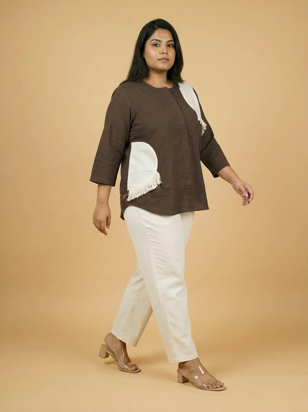 Grey Cotton Patch Work Casual Top
