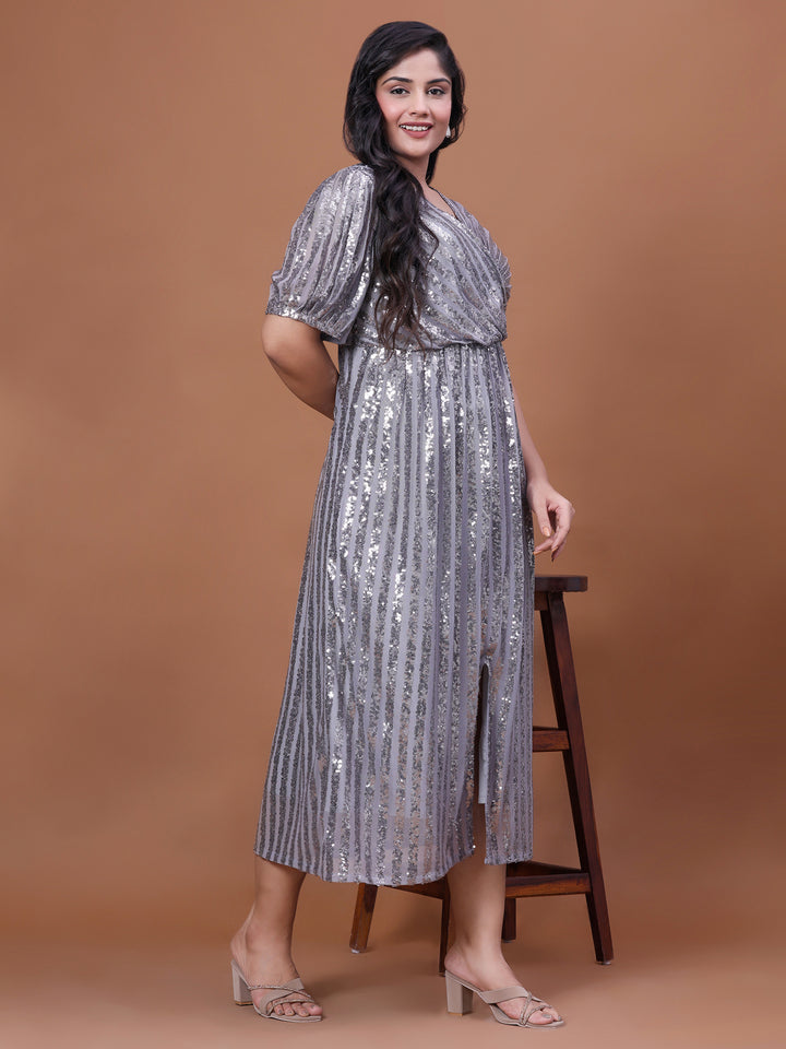 A-Line Grey Sequined Evening Dress for Curvy Women