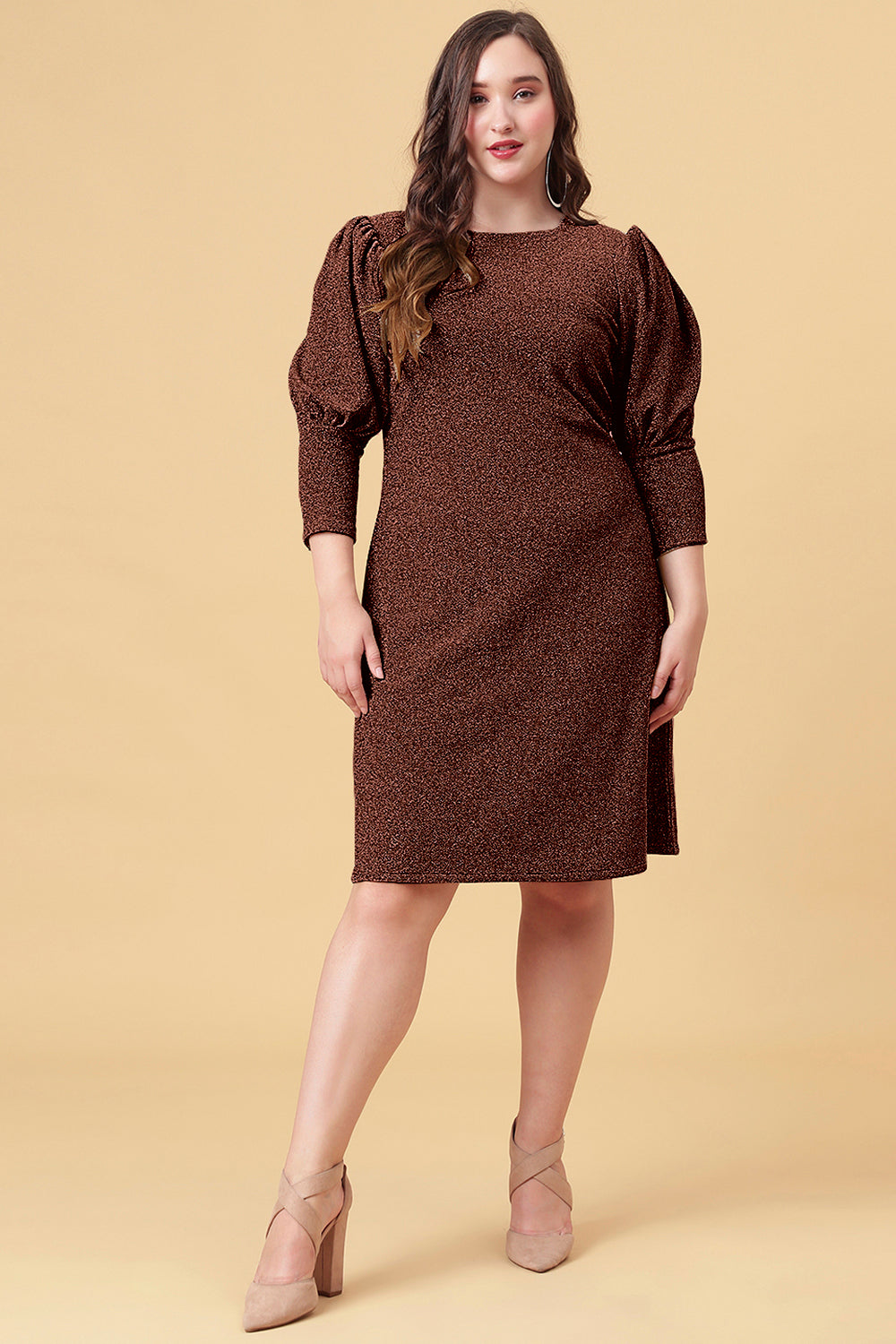 Ariana Glims Offbeat Shimmered Puff Sleeves Sheath Dress  Dark Brown