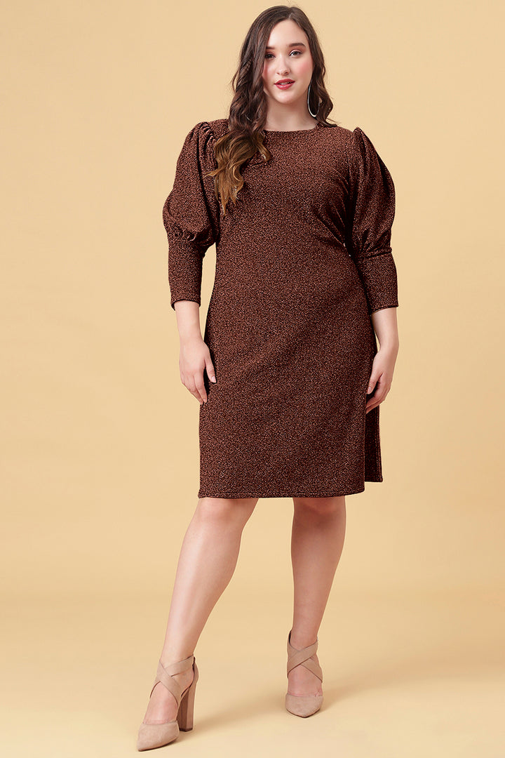 Ariana Glims Offbeat Shimmered Puff Sleeves Sheath Dress  Dark Brown