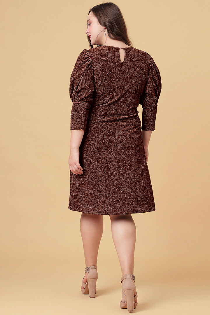 Ariana Glims Offbeat Shimmered Puff Sleeves Sheath Dress  Dark Brown Color