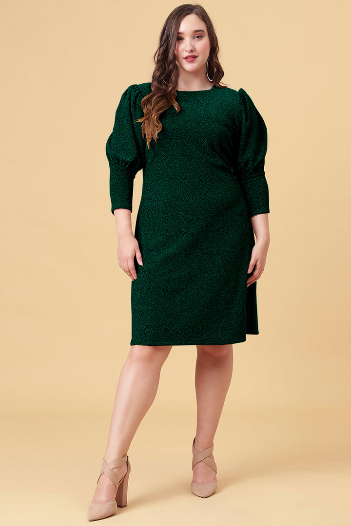 Ariana Glims Offbeat Shimmered Puff Sleeves Sheath Dress  Dark Green Color