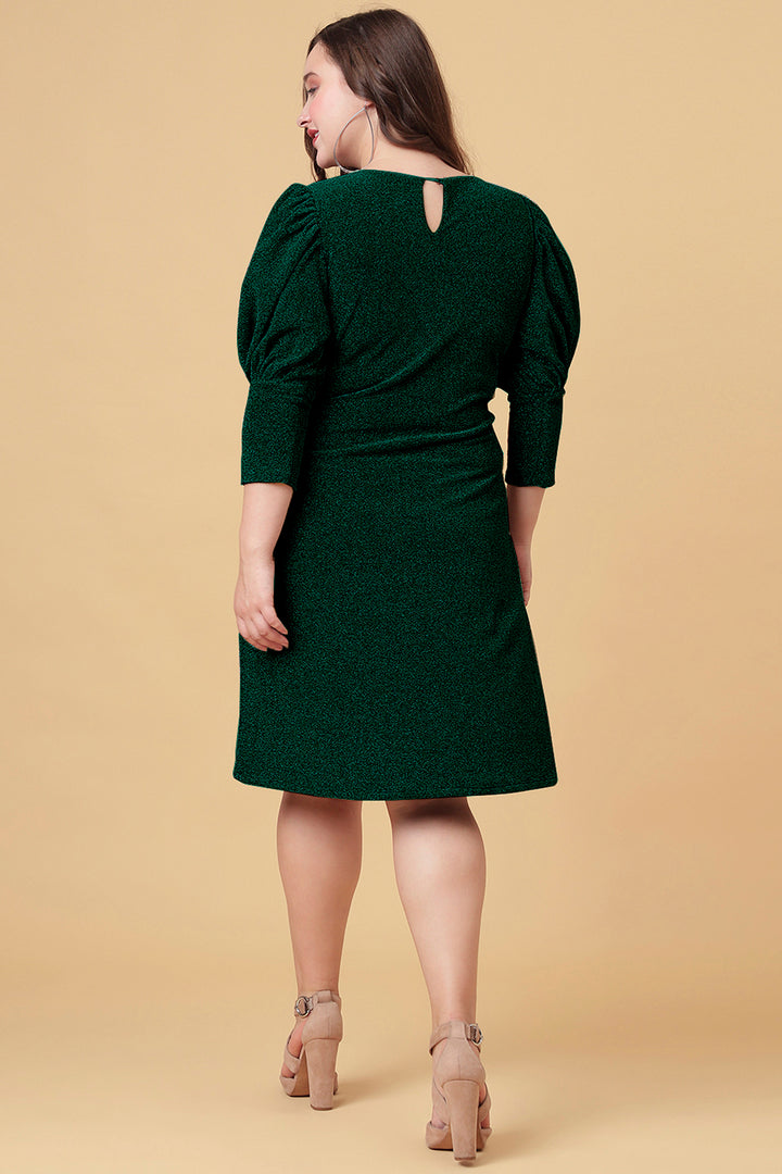 Ariana Glims Offbeat Shimmered Puff Sleeves Sheath Dress  Dark Green Color Back Side