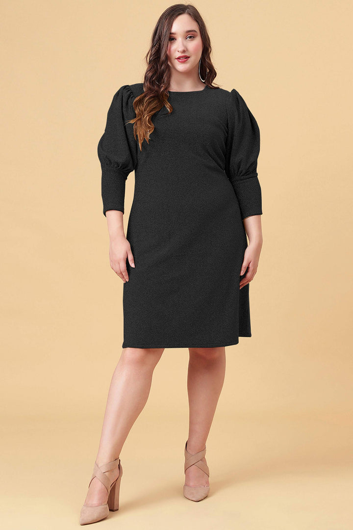 Ariana Glims Offbeat Shimmered Puff Sleeves Sheath Dress  Dark Grey Color