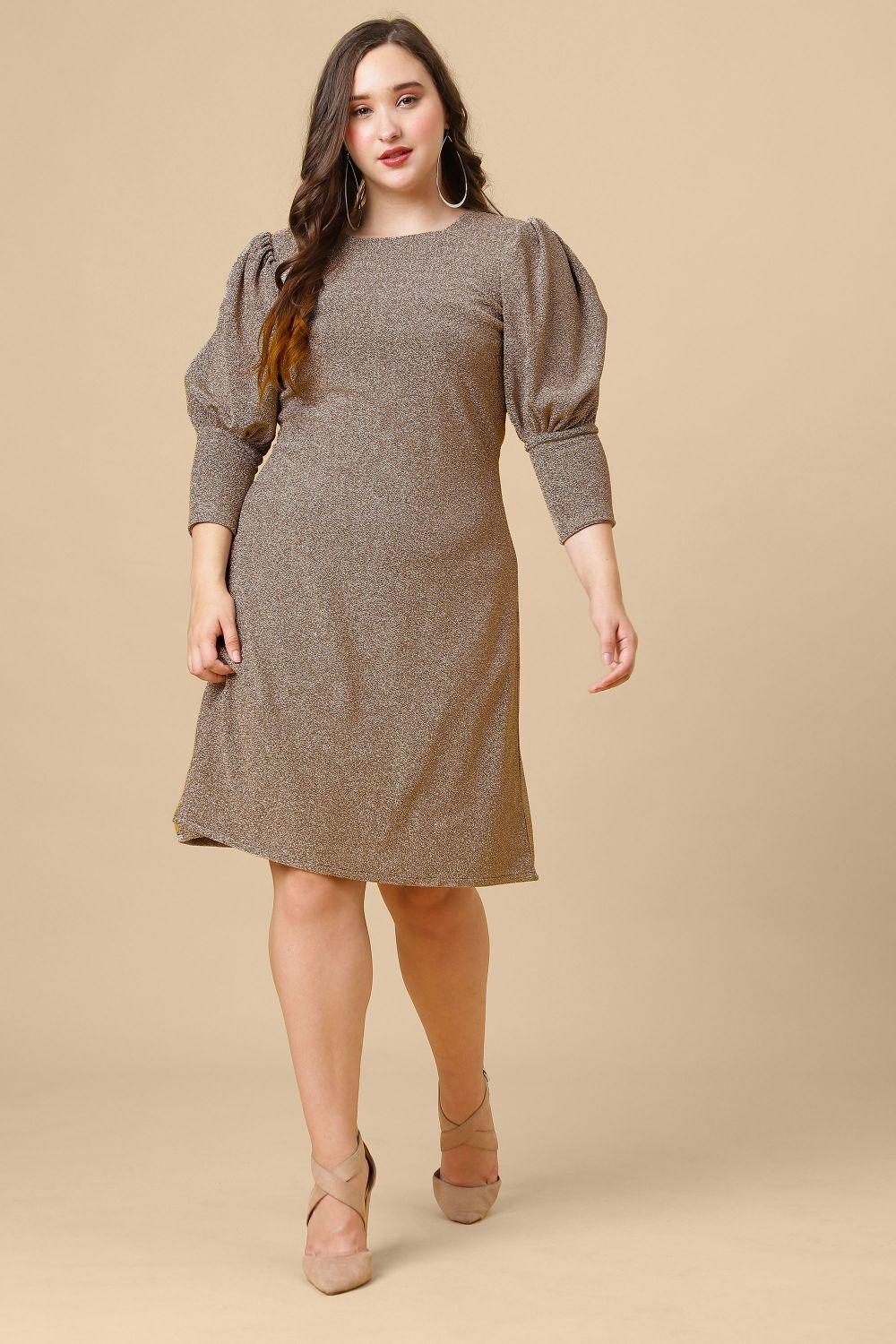 Ariana Glims Offbeat Shimmered Puff Sleeves Sheath Dress In Brown Color