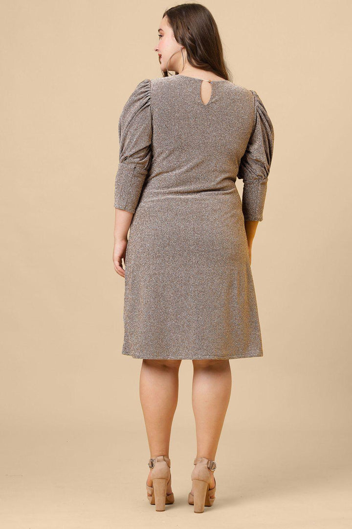 Ariana Glims Offbeat Shimmered Puff Sleeves Sheath Dress In Brown Back Side
