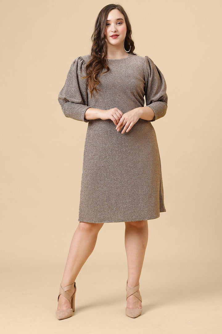 Ariana Glims Offbeat Shimmered Puff Sleeves Sheath Dress In Brown Color