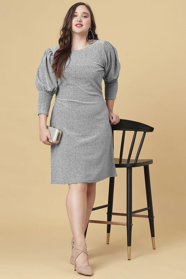 Ariana Glims Offbeat Shimmered Puff Sleeves Sheath Dress In Grey