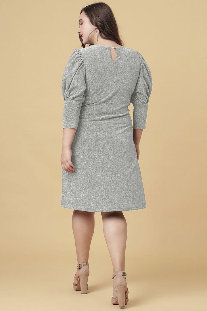 Ariana Glims Offbeat Shimmered Puff Sleeves Sheath Dress In Grey Color Back Side