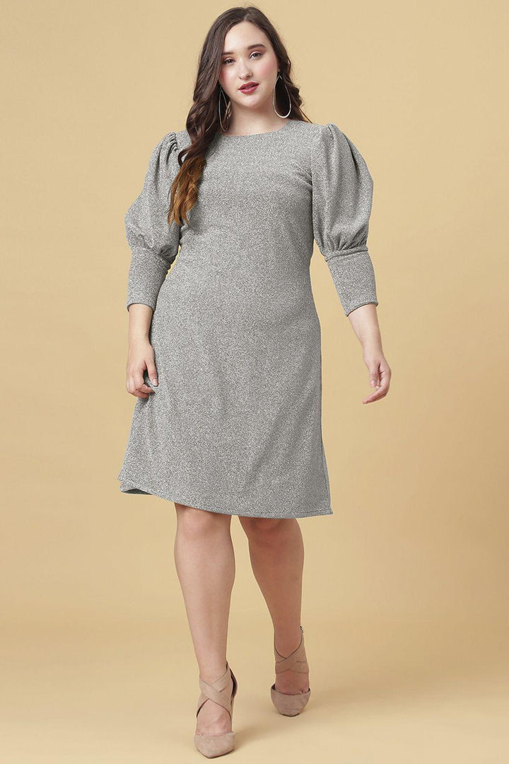 Ariana Glims Offbeat Shimmered Puff Sleeves Sheath Dress In Grey Color Design