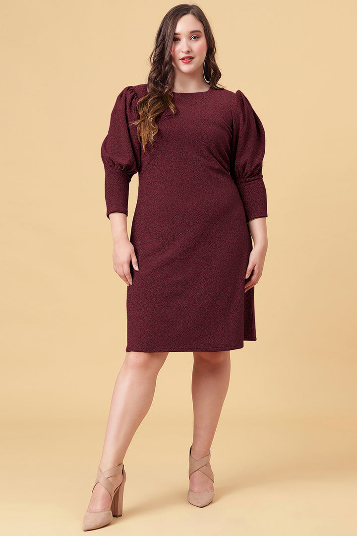 Ariana Glims Offbeat Shimmered Puff Sleeves Sheath Dress In Maroon Color