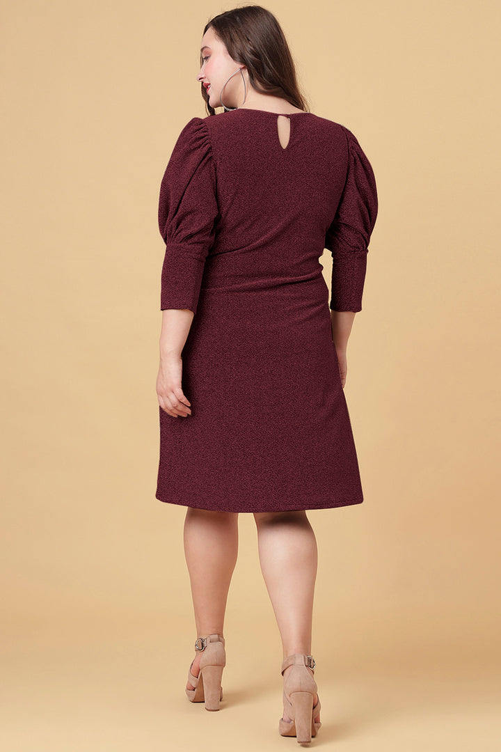 Ariana Glims Offbeat Shimmered Puff Sleeves Sheath Dress In Maroon Color Back Side