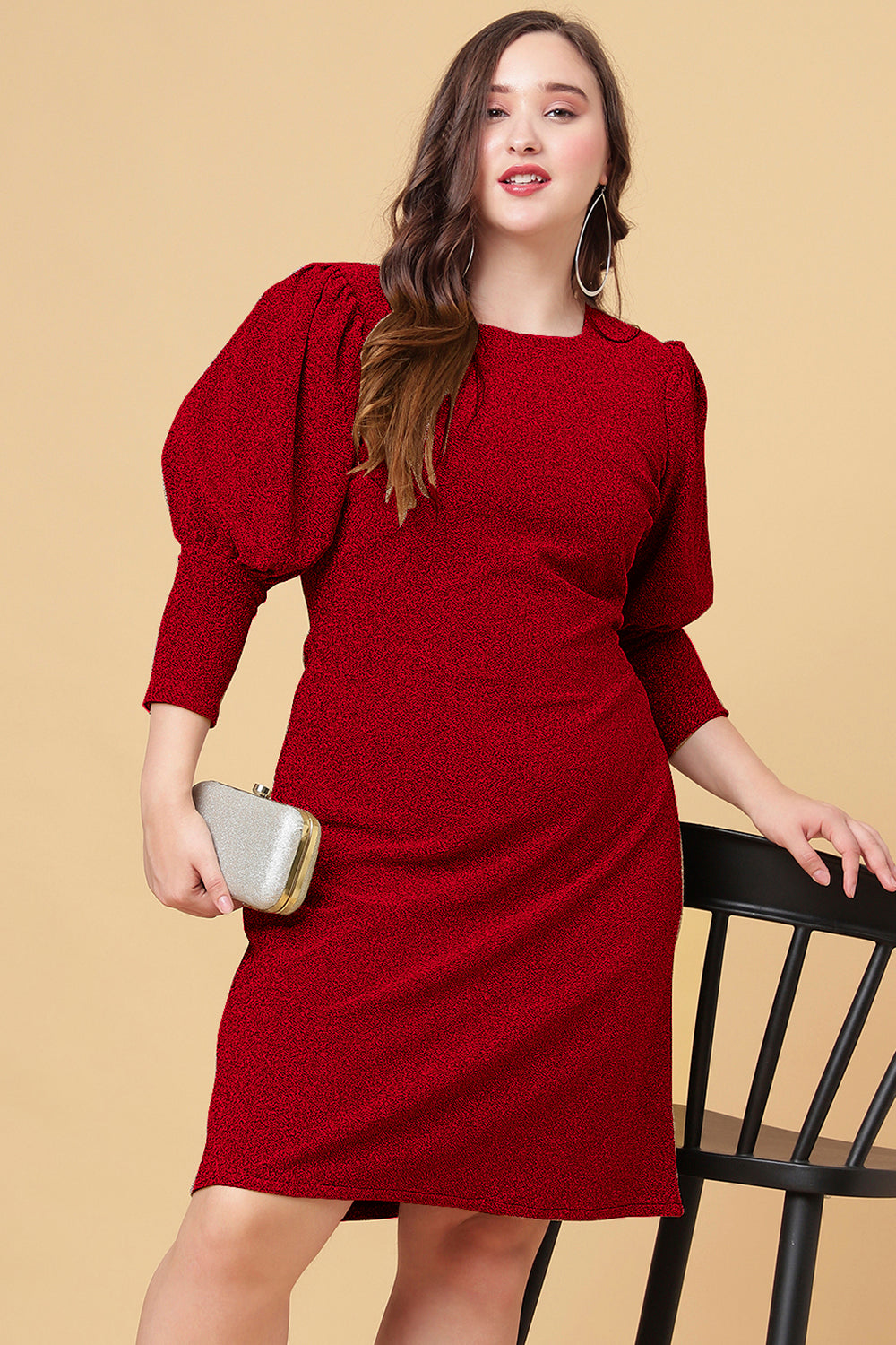 Ariana Glims Offbeat Shimmered Puff Sleeves Sheath Dress In Red Color 