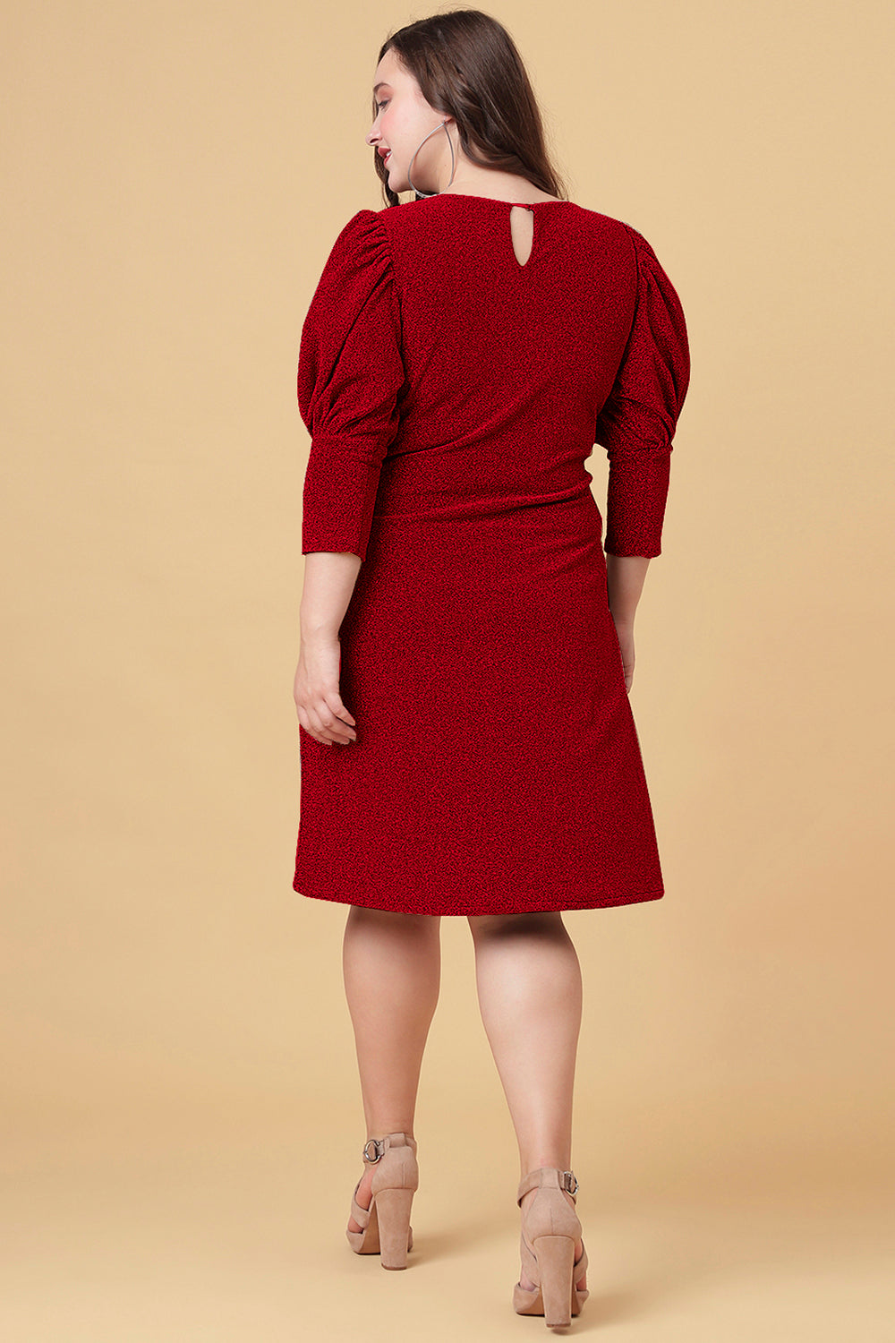 Ariana Glims Offbeat Shimmered Puff Sleeves Sheath Dress In Red Color With  Back Side