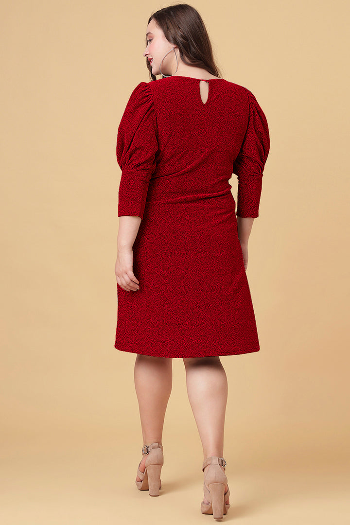 Ariana Glims Offbeat Shimmered Puff Sleeves Sheath Dress In Red Color With  Back Side
