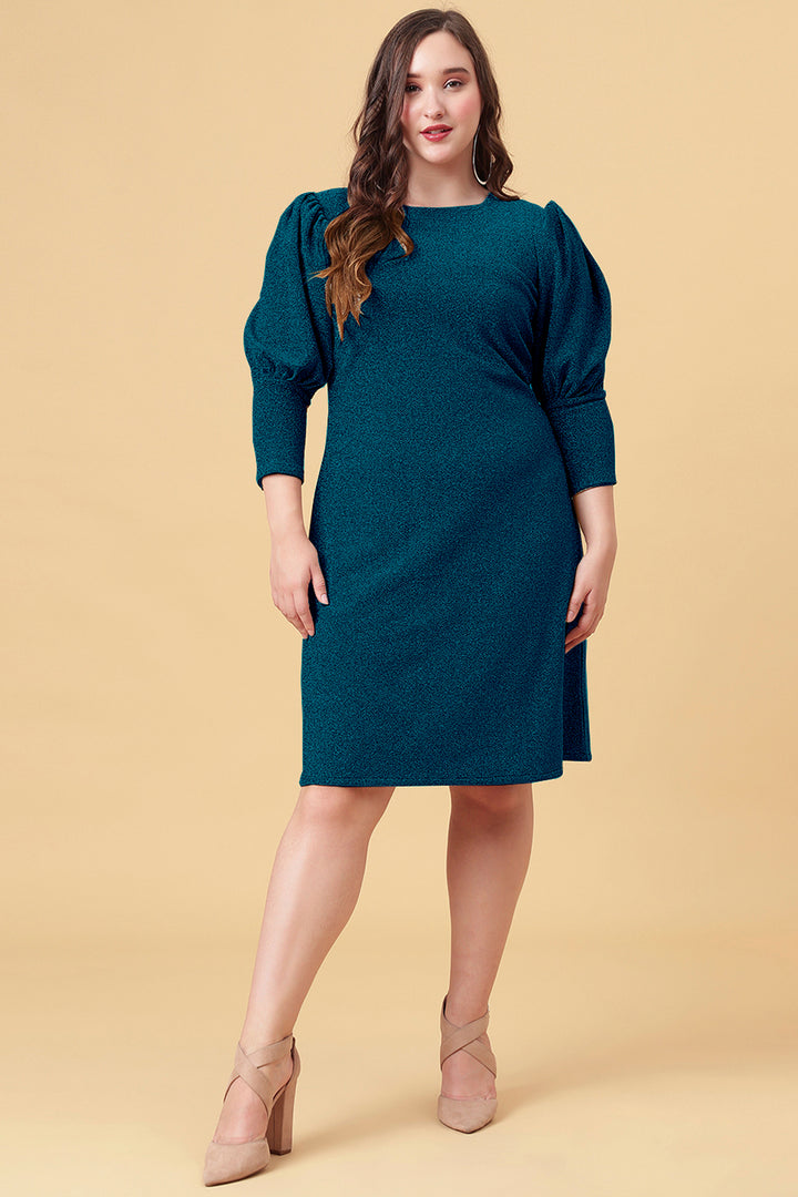 Ariana Glims Offbeat Shimmered Puff Sleeves Sheath Dress Teal Color