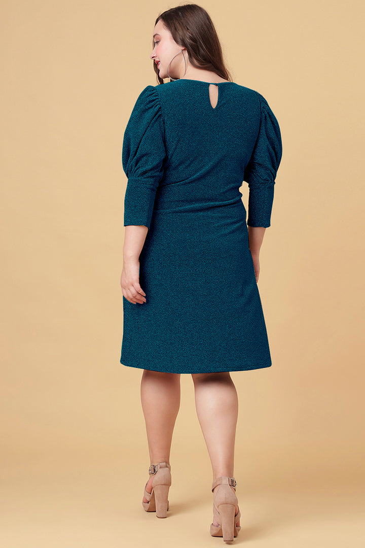 Ariana Glims Offbeat Shimmered Puff Sleeves Sheath Dress Teal Color Back Side