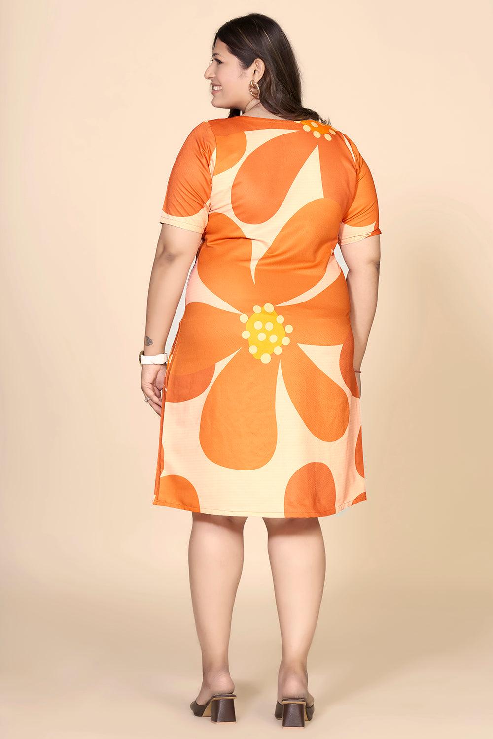 Orange Floral Printed Straight Dress - Curvy Lane