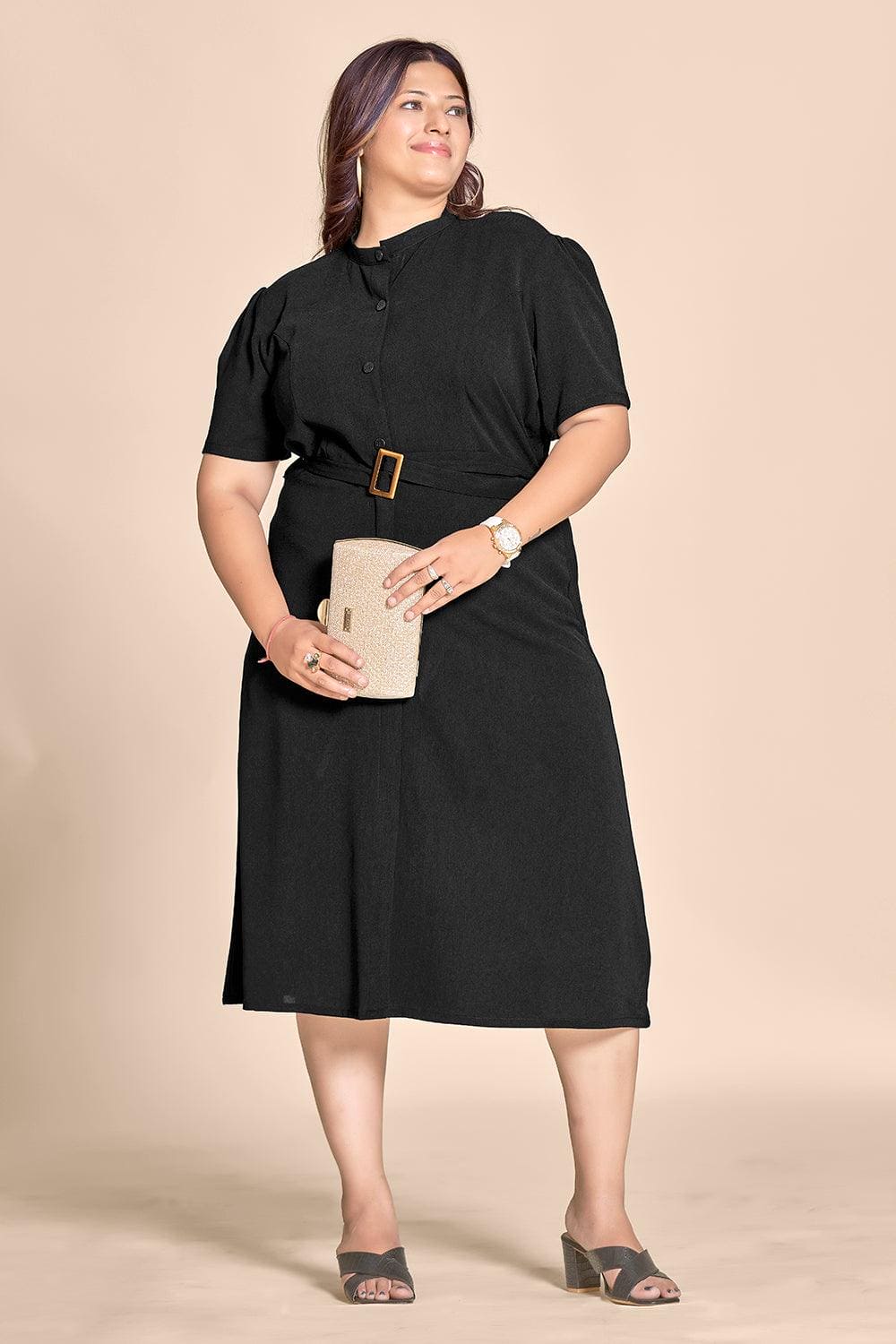 Black Straight Shirt Dress with Belt - Curvy Lane