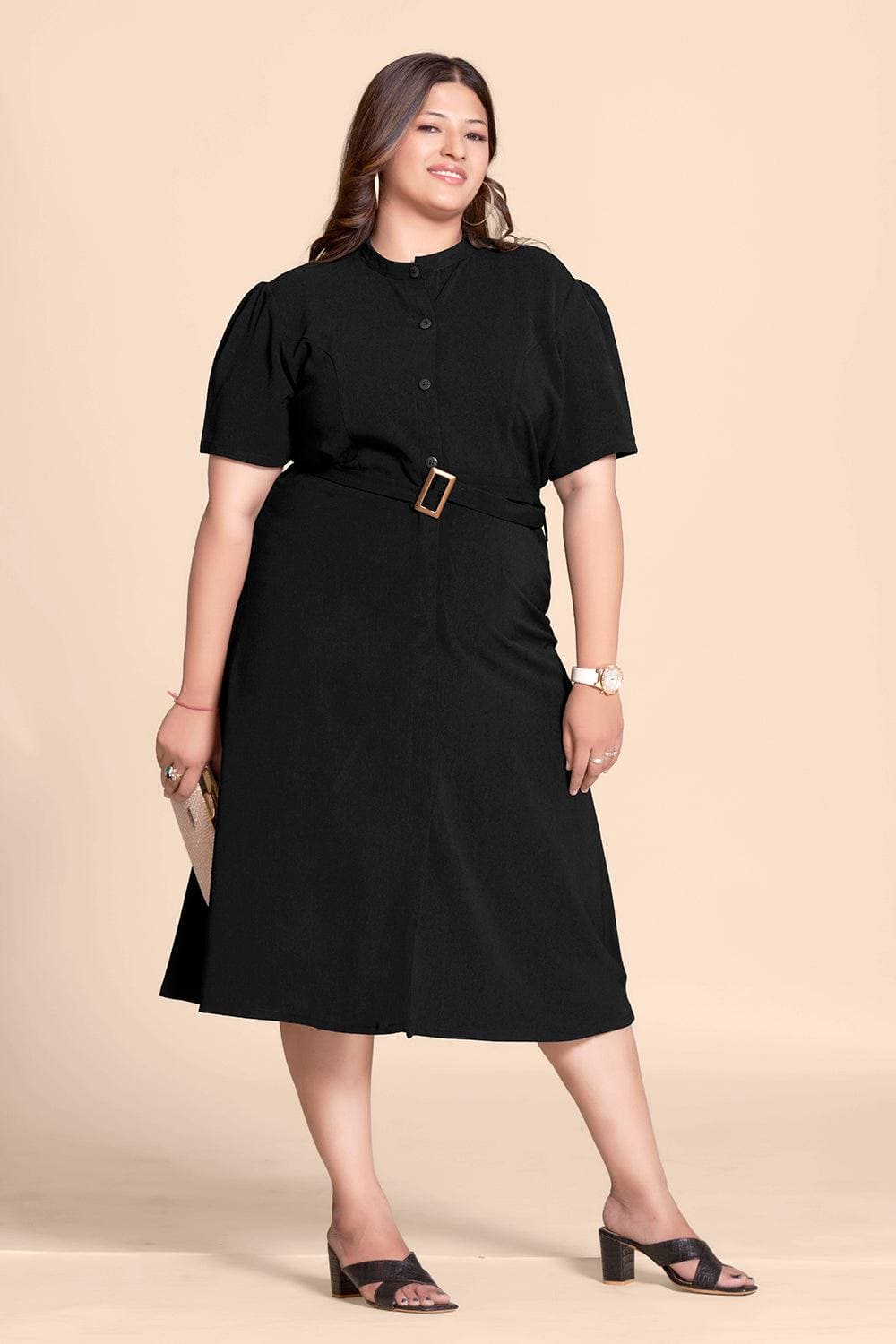 Black Straight Shirt Dress with Belt - Curvy Lane