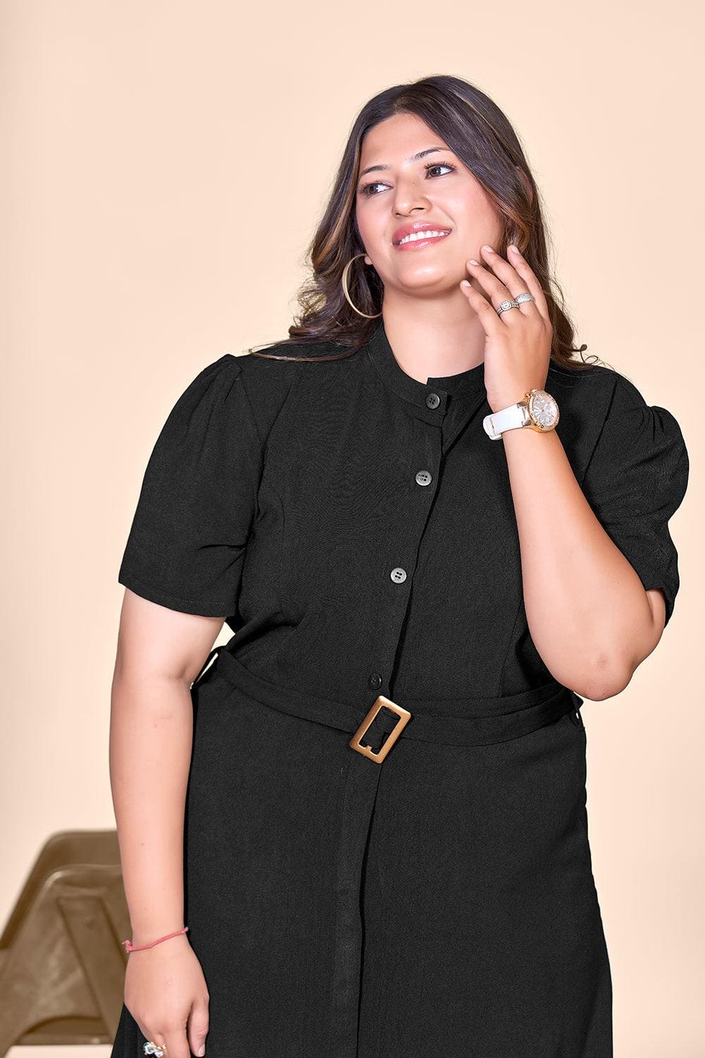 Black Straight Shirt Dress with Belt - Main Image