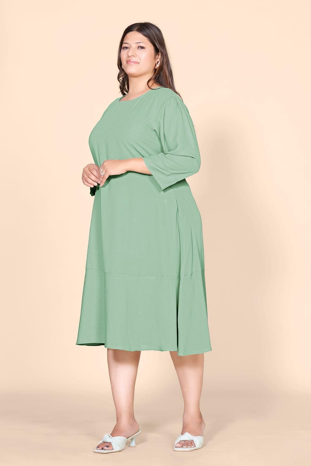 Green Solid A-Line Dress - Curvy Lane