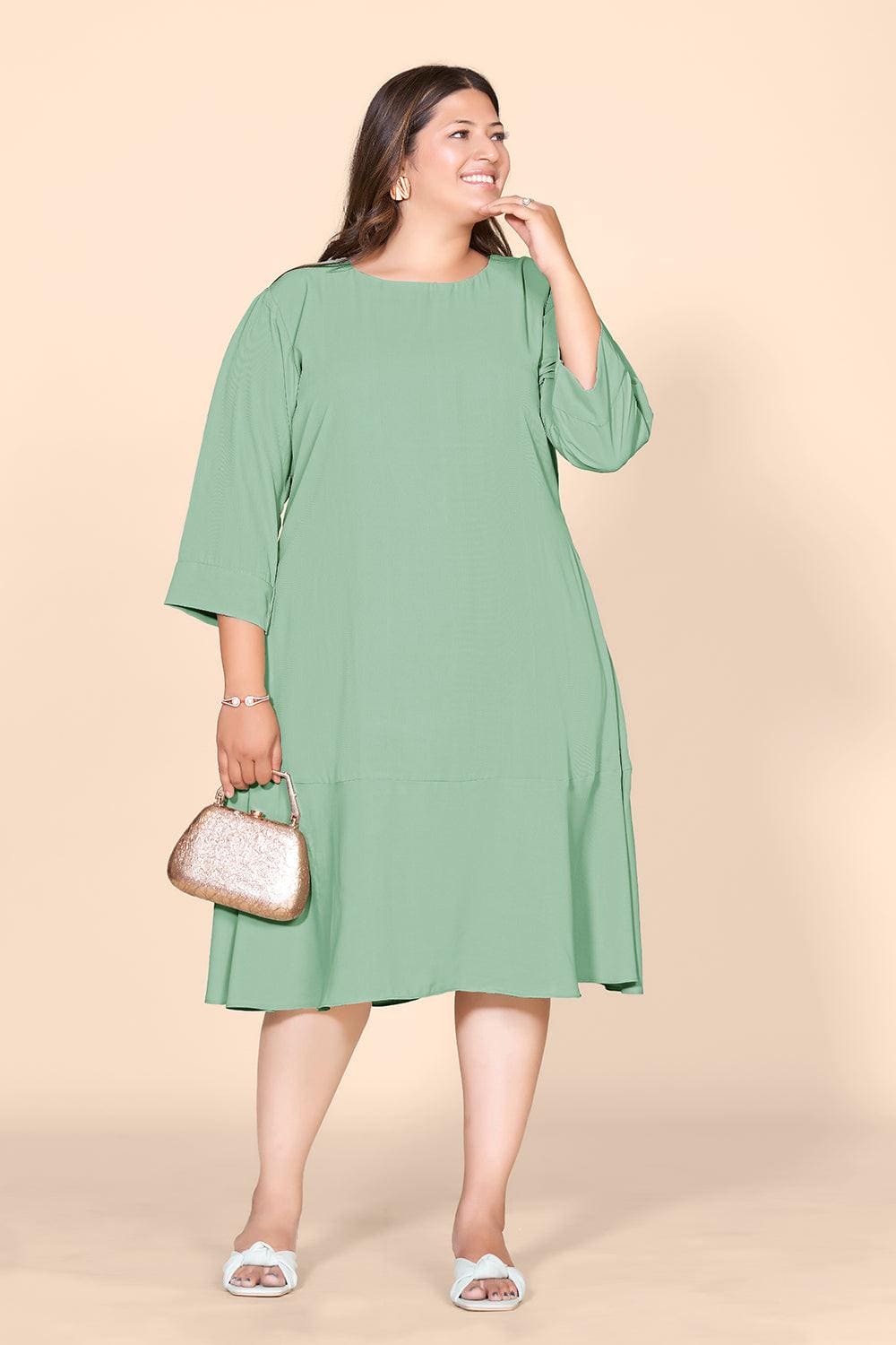 Green Solid A-Line Dress - Curvy Lane