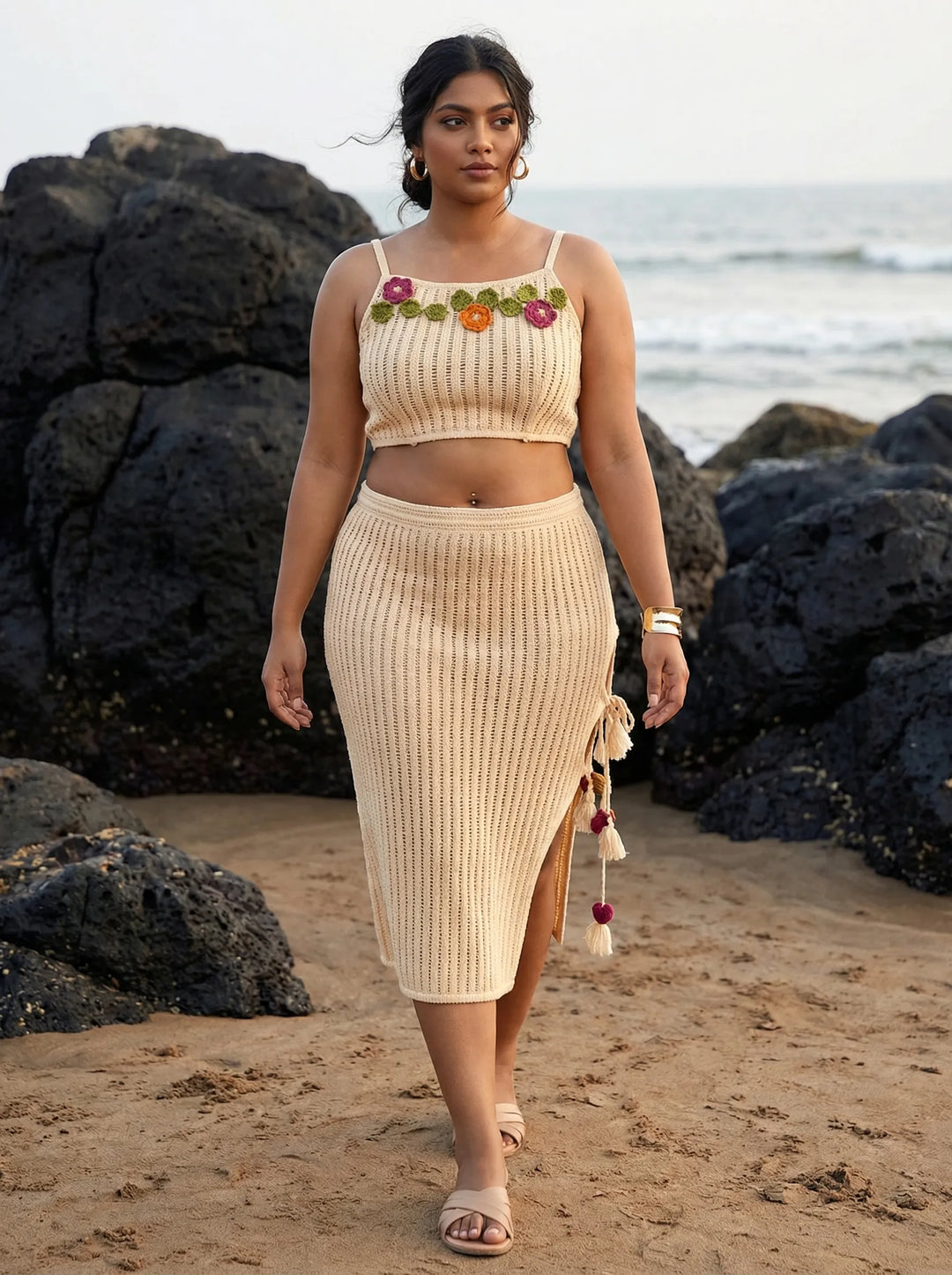 Plus Size Beach Wear Crop Top & Skirt Cover-Up Set With Floral Work Plus Size Beach Wear Crop Top & Skirt Cover-Up Set With Floral Work